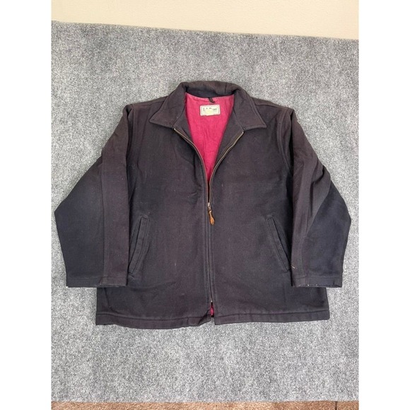 Vintage LL Bean Jacket Large Black FADED Wool Bomber Coat Red Lined USA